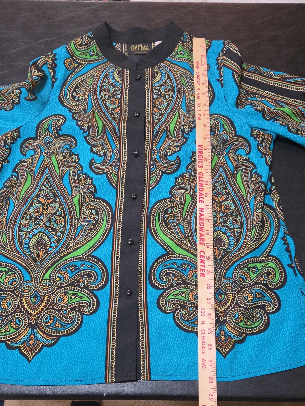 Vintage Bob Mackie Wearable Art Turquoise Paisley Tunic Button Front Top Size L - Picture 7 of 8